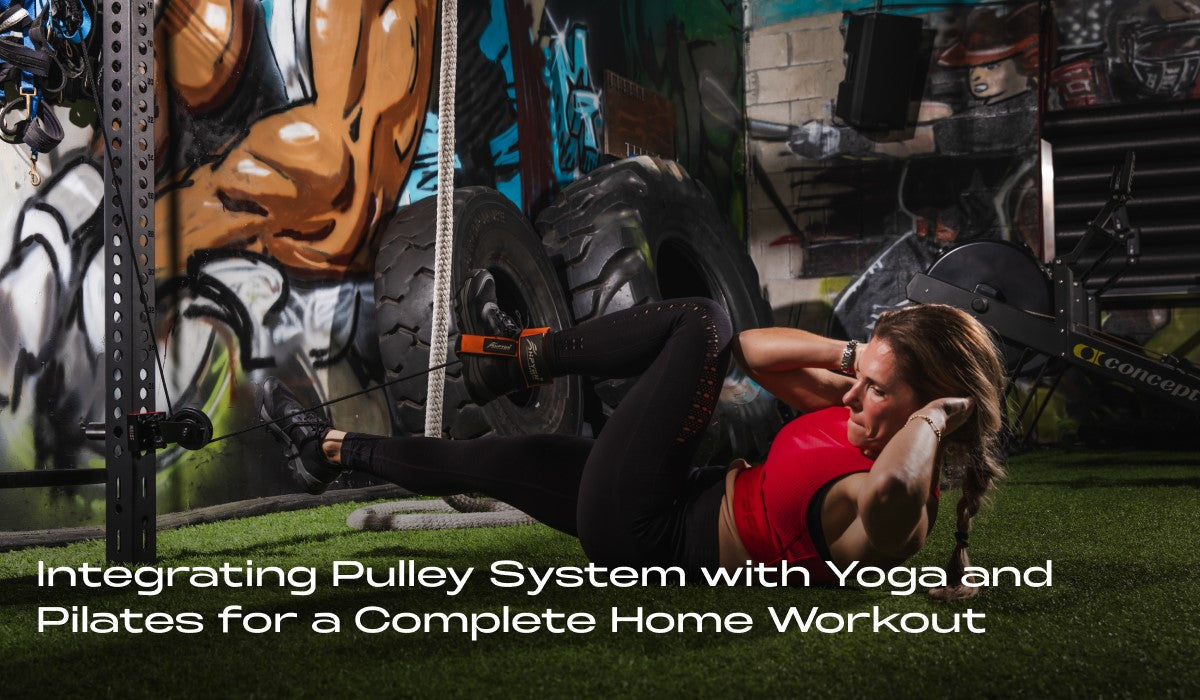 Home gym setup featuring a woman performing a Pilates exercise using a pulley system. The background showcases gym equipment like tires and ropes in a vibrant, artistic environment.