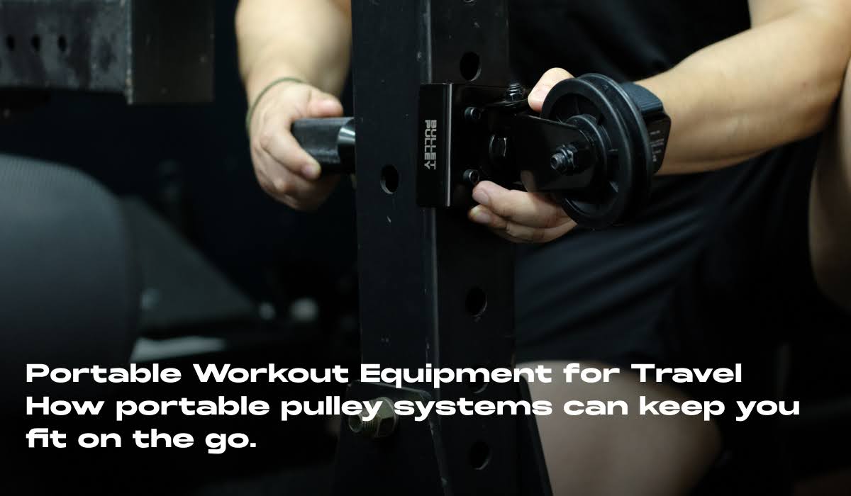 Portable pulley system attached to a home gym rack for an effective workout on the go. Perfect for travel-friendly strength training at home or anywhere.