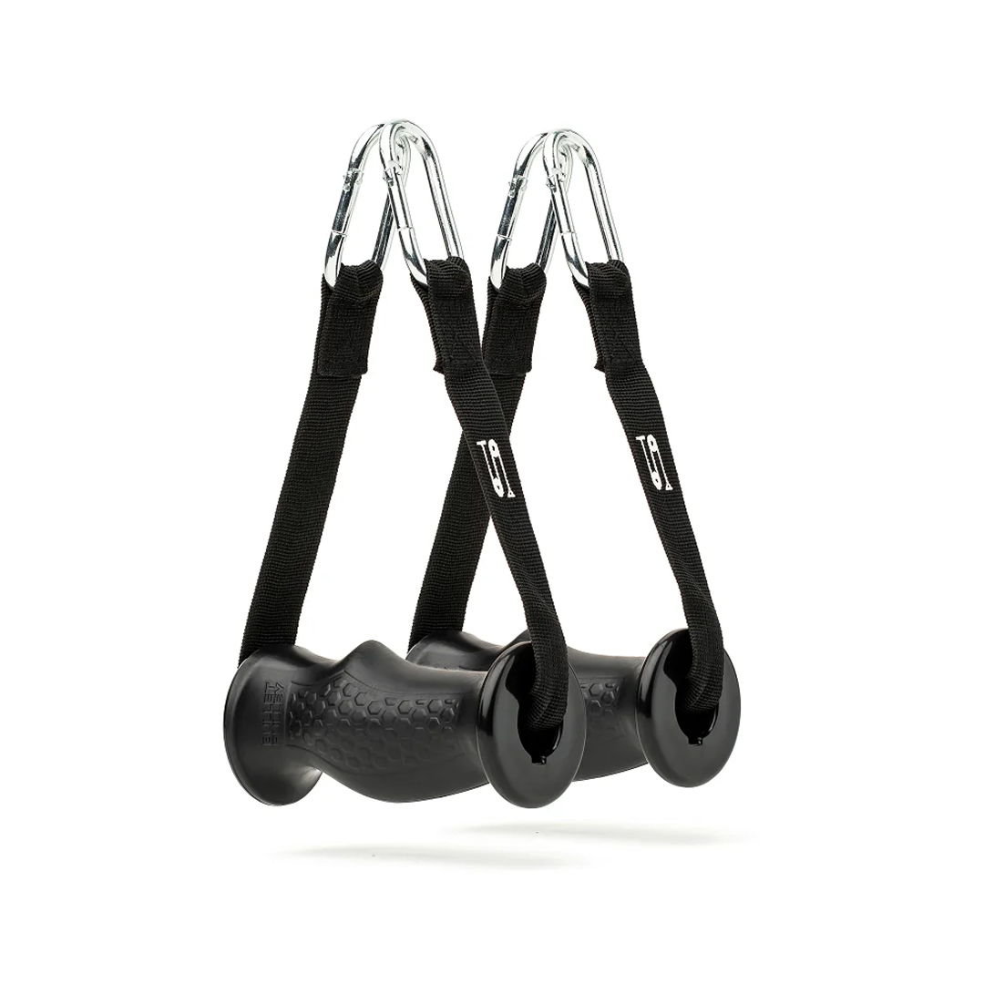 Close-up of a hand gripping a durable, ergonomic black hand grip with a textured surface and a black strap, ideal for strength training and hand exercises.