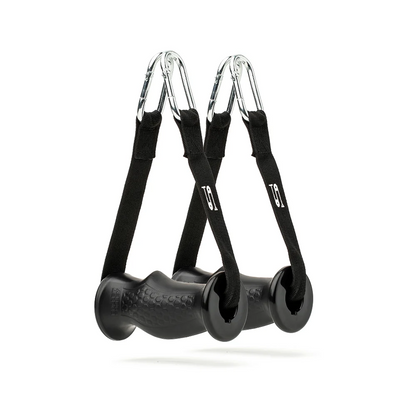 Close-up of a hand gripping a durable, ergonomic black hand grip with a textured surface and a black strap, ideal for strength training and hand exercises.