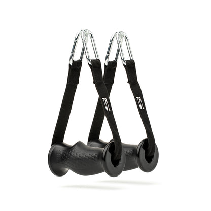 Close-up of a hand gripping a durable, ergonomic black hand grip with a textured surface and a black strap, ideal for strength training and hand exercises.